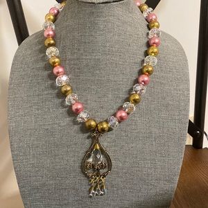 Faux Pearl Metal Glass Beaded Statement Pendant Necklace